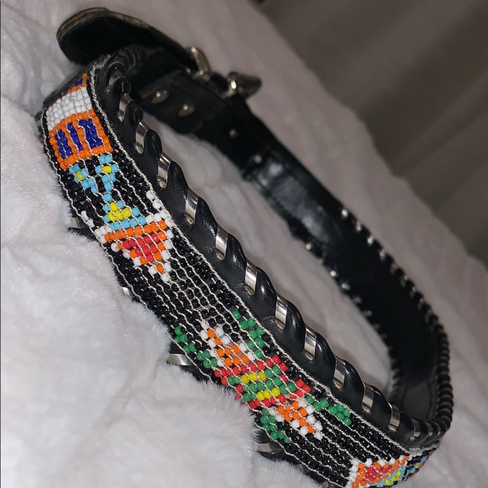 VTG Boho Beaded Black Leather Belt